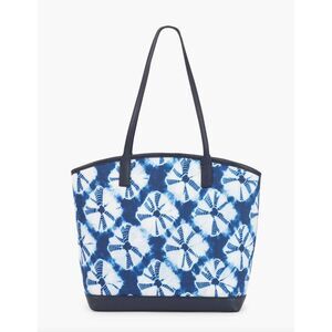 NWOT Talbots Shibori Diamond Perfect Tote Blue Tie Dye Bag Leather Trim